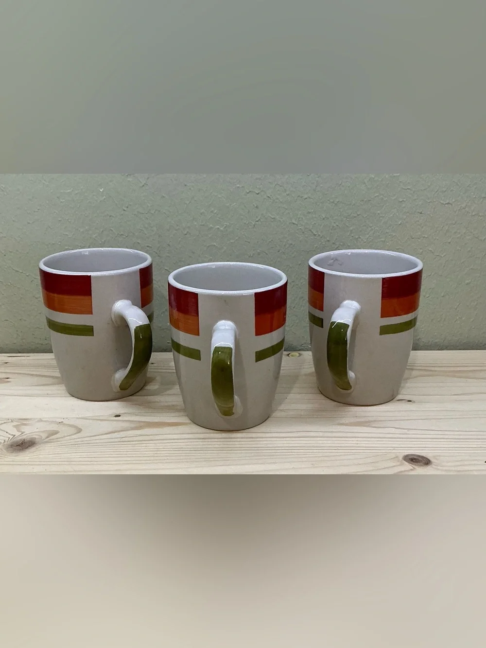 Vtg Royal Norfolk Stoneware Coffee Mugs Set Of 3 Red Orange Green Stripe Retro